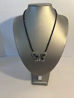 Butterfly Pendant Abalone Shell Necklace With Black Spinel Beaded Necklace • $12