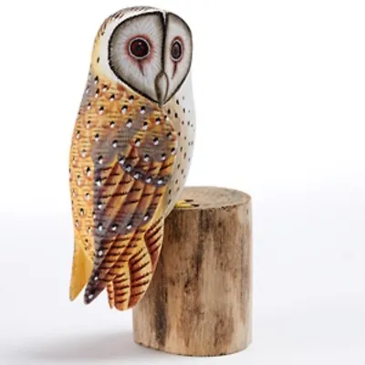£16.95 • Buy Hand Carved Wooden Painted Barn Owl On A Tree Stump Garden Ornament Bird Carving