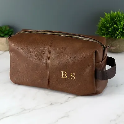 Personalised Embroidered Mens Leather Toilet Wash Bag With Strap Black Or Brown  • £19.99