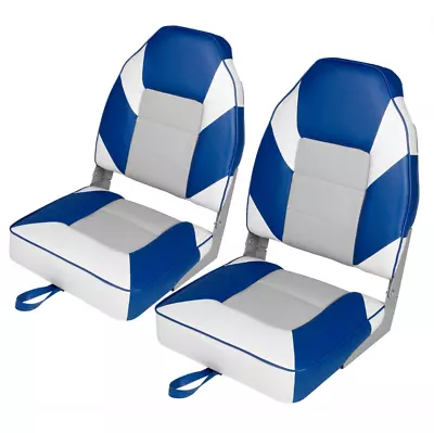 Set Of 2 High Back Folding Padded Boat Seats Marine Grade Vinyl White Blue Chair • $215.87