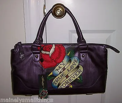 NWT Ed Hardy Belle Fleurs LUCY Sm Tote Bag MY TRUE LOVE FOREVER Purple 1VP176BE • $139.95