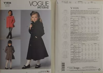 Vogue Pattern - V1856 - Children's & Girls' Jacket And Coat • $14.99