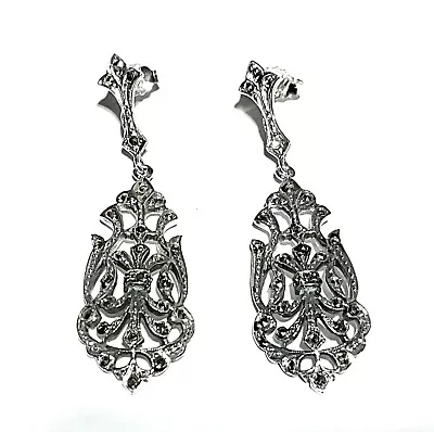Victorian Edwardian Art Nouveau Marcasite Openwork Long Chandelier Drop Earrings • £55