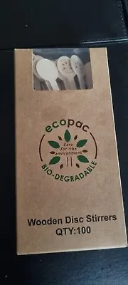 100 Ecopac Wooden Disc Stirrers 180mm Biodegradable Buffet  Cocktail Party • £7