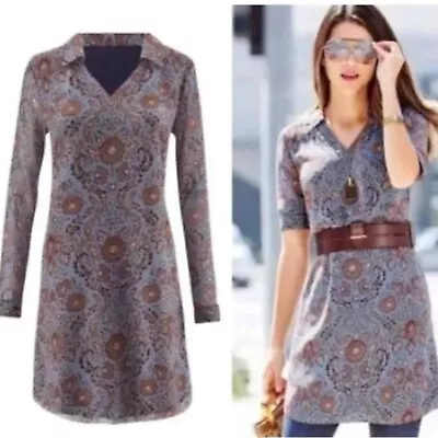 CAbi WOMEN S Provincial Shift Tunic Dress 3295 Blue Brown Floral LS Damask NEW • $25