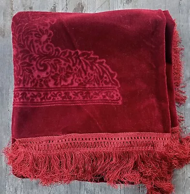 Antique Edwardian Red Velvet Brocade Fringed Piano Shawl Throw • £427.57