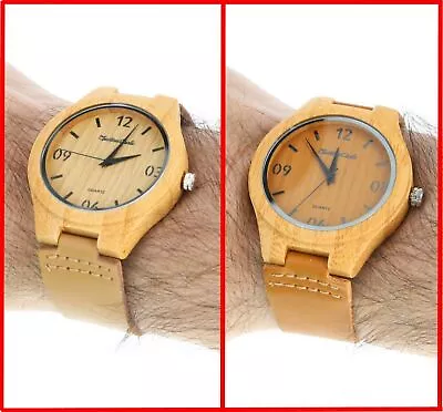 Montres Carlo Bamboo Case Watch Leather Band Men Fashion Round Analog Wristwatch • $16.99