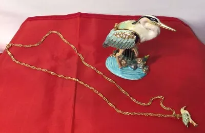 Bejeweled   White Heron Bird   Hinged Enameled Rhinestone Trinket W/ Necklace • $29.99