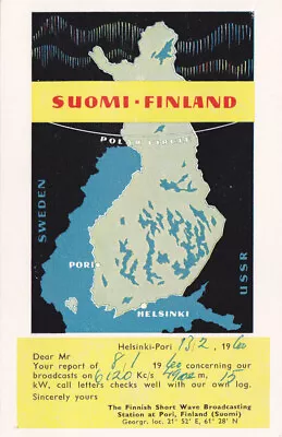 1960 QSL: Finnish Broadcasting Company Pori Finland  Map-card  • $1