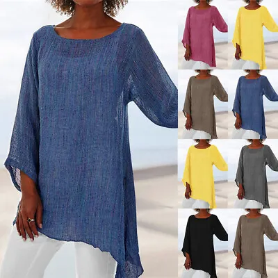 Womens Cotton Linen Tops T-shirt Loose Baggy Kaftan Casual Tee Blouse Plus Size • £8.69