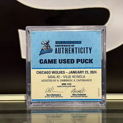 Manitoba Moose Ahl Goal Scored Puck Vs Wolves Jan 23 2024 Ville Heinola 34 • $29.44