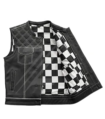 New White Checker Bikers Leather Vest Men's Hunt Club Motorbike Diamond Quilted  • $162