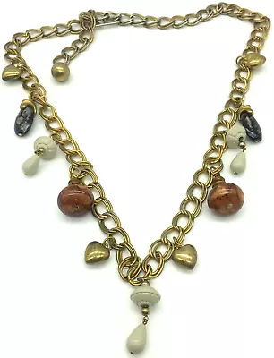 Vintage Hippie Chain Necklace Puffy Hearts Wood Mushroom Charms • $17.09