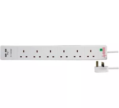 6 Way 1M Mains Extension Lead Gang Surge Protected 13A 2 USB Chargers White • £26.99