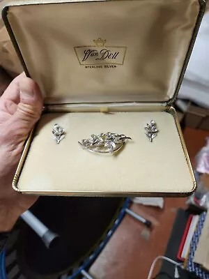 Vintage Van Dell Sterling Silver Marquise Rhinestone Broch Earrings Set W Box • $37.95