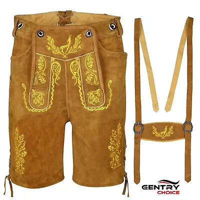 Men's Suede Lederhosen Nowitzki Golden Brown Oktoberfest Costume German Outfit • $104.99