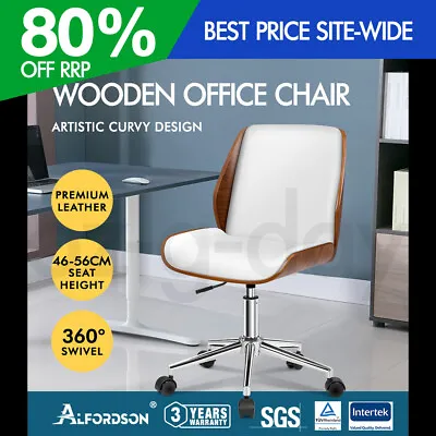 ALFORDSON Wooden Office Chair Computer Chairs Wood Seat PU Leather White • $129.95