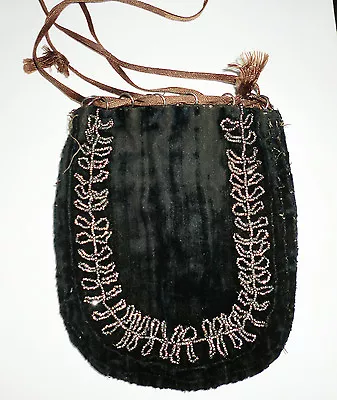 Antique Vintage Beaded Purse Bag Deco Nouveau French Steel Cut Dark Blue Velvet • $32.99