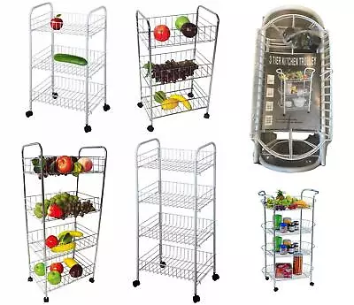 3/4 Tier Fruit Trolley Basket Rack Kitchen Storage Vegetable Cart With Wheels • £9.99