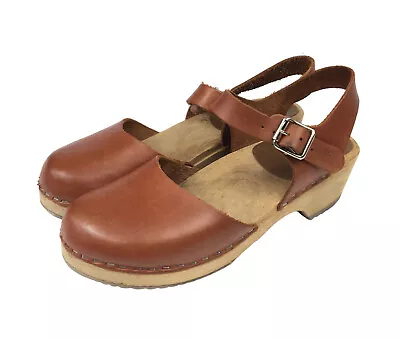 Vintage Swedish Brown Leather Clogs Sandals Shoes Wooden Heel EU 38 US 7.5-8 • $39.99