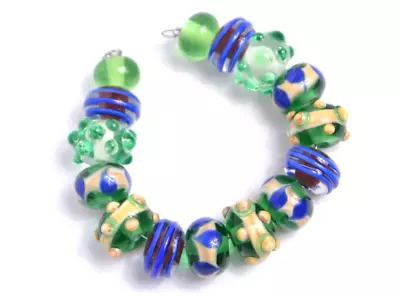 New 15 Pc Set Fine Murano Lampwork Glass Beads - 12mm Stripes & Swirls - A7103c • $4.99