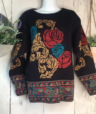 Vtg Sweater Black Red Teal Gold Rose Metallic Cottage Christmas Womens Small 80s • $28.99