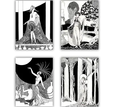 Wall Art Deco Ladies Vintage Flapper Girl Black White Drawings Prints Set Of 4 • $19