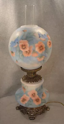 Vintage Hand Painted Gone With The Wind Glass Lamp Blue Birds & Pansies Flowers • $325