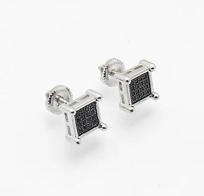 Mens Micro Pave Set Black CZ Stud Earrings Screw Back Platinum Clad Real Silver • $26.57