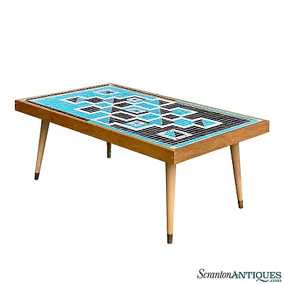 Mid-Century Atomic Mosaic Turquoise Porcelain Tile Top Coffee Table • $1200