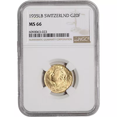 $510.28 • Buy 1935 LB Switzerland Gold 20 Francs - NGC MS66