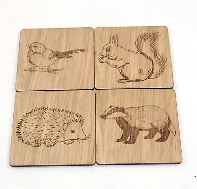 Coasters Animals Oak Veneer Squirrel Badger Hedgehog Finch Gift X 4 • £7.99