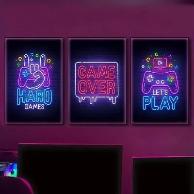 Awesome 3pc Neon Gamer Xbox PlayStation PS5 Canvas Print Art Boys Bedroom Gaming • £14