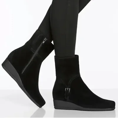 New! LA CANADIENNE Black Suede Sanford Wedge Ankle Boots 8 DD323 • $175