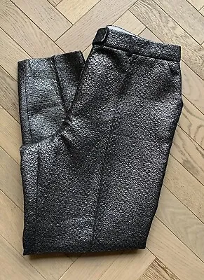 M&S Autograph Jacquard Gunmetal Metallic Ankle Grazer Party Trousers UK 16 Long • £18