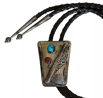 Bolo Tie Vintage Native American Sterling Turquoise Coral Leather Silver Tips • $75