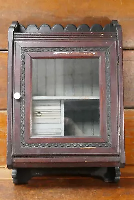 Antique Medicine Cabinet Carved Wood Glass Door Display Case Shelves Wall Mount • $399.95