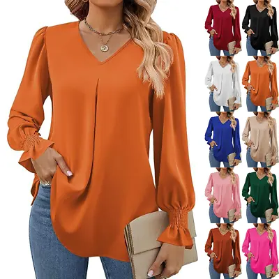 Womens V Neck Plain T Shirt Blouse Ladies Long Sleeve Casual Loose Pullover Tops • £11.19