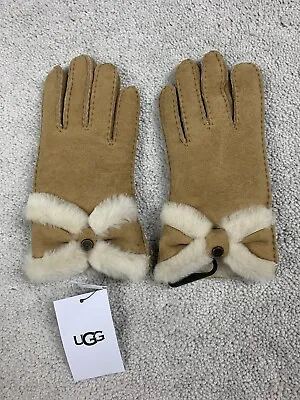 Ugg Sheepskin Turned Bow Chestnut Gloves Size Small S/P $155 New • £38