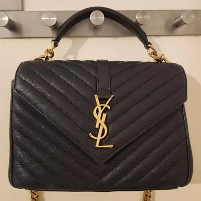 Saint Laurent Small College Bag In Black Grained Leather With Gold Hardware YSL • £1200