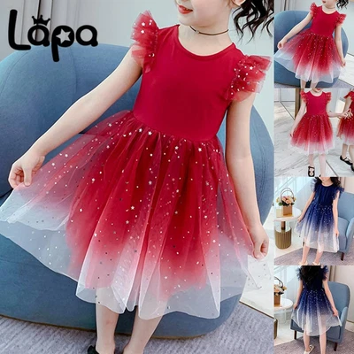 Kids Girls Ruffled Mesh Princess  Glitter Dress Party Birthday Wedding Dresses • £6.69