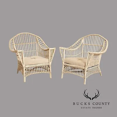 Vintage Coastal White Painted Split Reed Wicker Rattan Pair Patio Lounge Chairs • $995