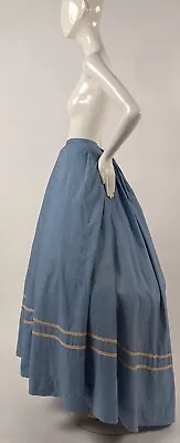 Victorian 19th C Blue Cotton Bustle Skirt W White Braid Trim • $214.14