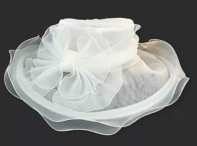 White Wide Brim Hat Sheer Wedding Church Women's Betmar Organza Netting Derby  • $39.99