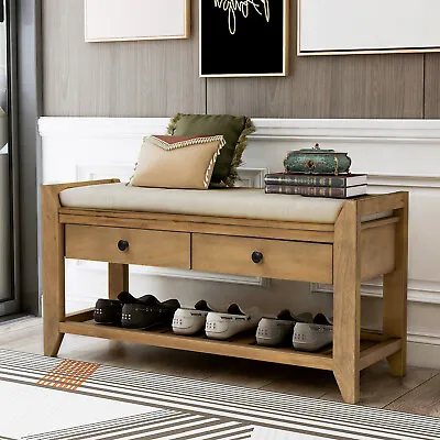 Shoe Storage Bench With Cushioned Seat And Drawers Entryway Bench W/Bottom Shelf • $188.86