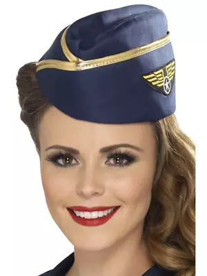 Air Hostess Hat Blue With Gold Rim Stewardess Halloween Fancy Dress Accessory • $12.45