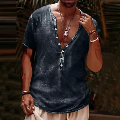$18.99 • Buy Men Short Sleeve V Neck Henley Shirt Vintage Baggy Button Pullover T Shirt Tops