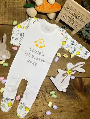 Easter Chick Personalised Baby My First Easter Print Sleepsuit 0/3 & 3/6 Months • £10.99