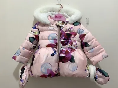 Baby Girls Designer Ted Baker Pink Floral Owl Coat & Detachable Mittens 3-6m🎀 • £26