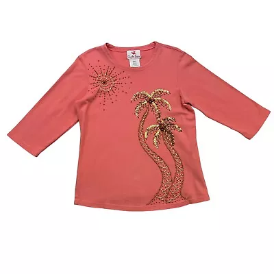 Quacker Factory Shirt Womens Small S Pink Sun Palm Trees Beaded Sequins • $11.82